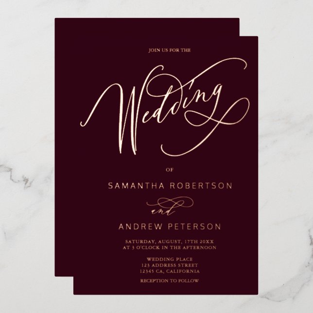 Rose gold red minimalist calligraphy wedding (Front/Back)