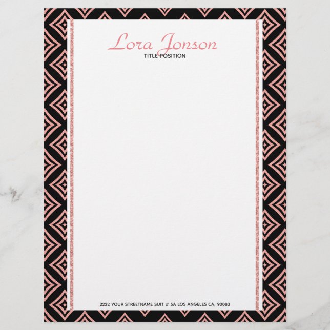 Rose Gold Rhomboid Over Black Background Customised Letterhead (Front)