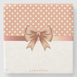Rose Gold Ribbon and Polka Dots Stone Coaster