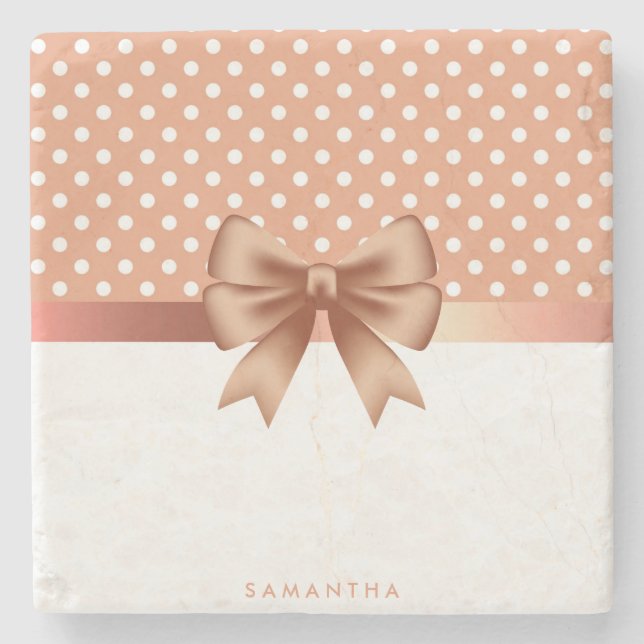 Rose Gold Ribbon and Polka Dots Stone Coaster (Front)
