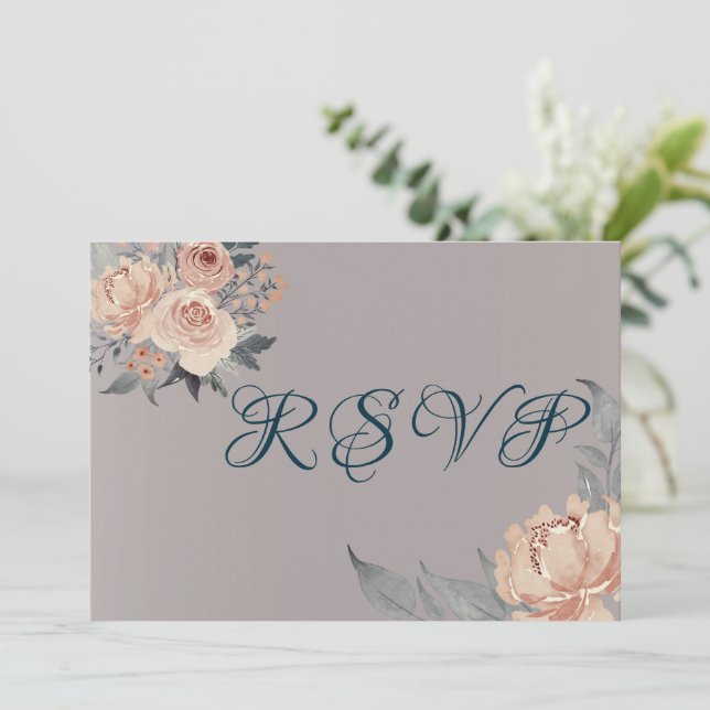 Rose Gold Romantic Pink Floral Wedding RSVP Card (Standing Front)