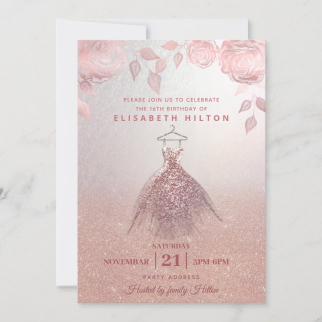 Rose gold roses modern Glitter dress sweet sixteen Invitation (Front)
