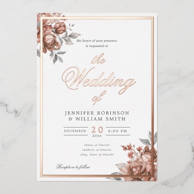 Rose Gold Rustic Floral Elegant Script Wedding  (Front)