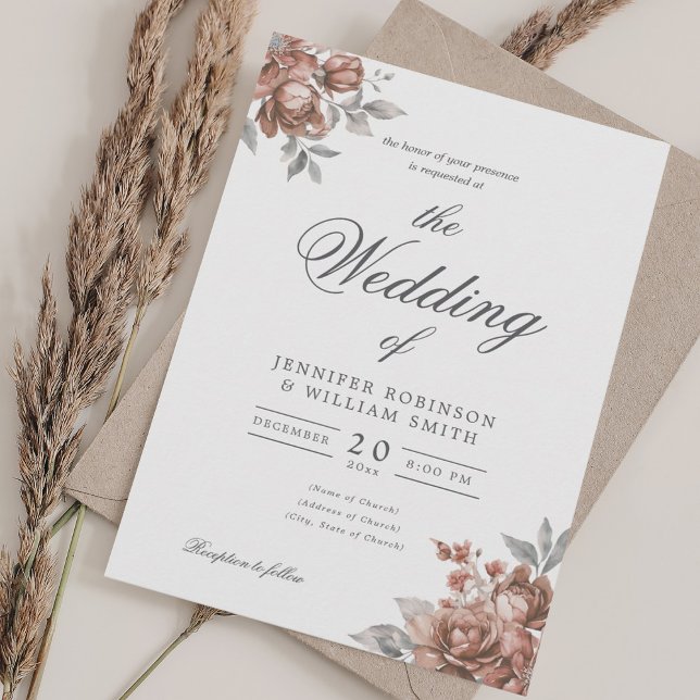 Rose Gold Rustic Floral Elegant Script Wedding  Invitation (Rose Gold Rustic Floral Elegant Script Wedding Invitation)