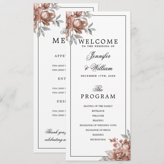 Rose Gold Rustic Floral Wedding Program Menu Invitation (Front/Back)