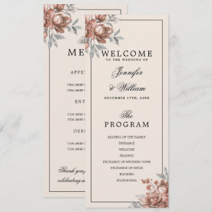 Rose Gold Rustic Floral Wedding Program Menu Invitation