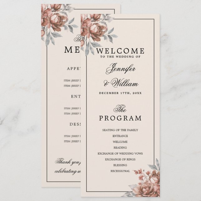 Rose Gold Rustic Floral Wedding Program Menu Invitation (Front/Back)