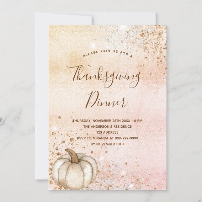 Rose gold rustic pumpkin Thanksgiving Dinner Invitation (Front)