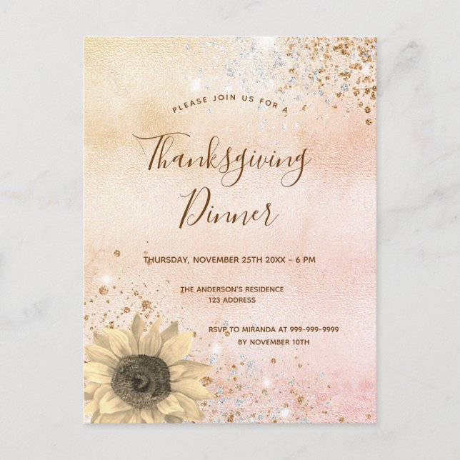 Rose gold rustic sunflower Thanksgiving Dinner Invitation Postcard (Front)