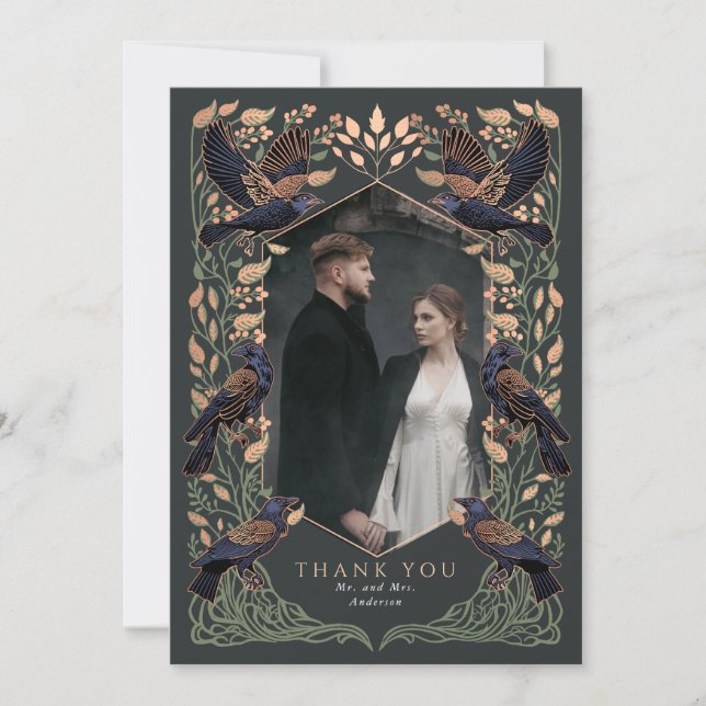 Rose Gold Sage Enchanted Gothic Raven Wedding  Thank You Card (Front)