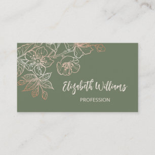 Rose Gold Sage Green Line Art Floral Business Card