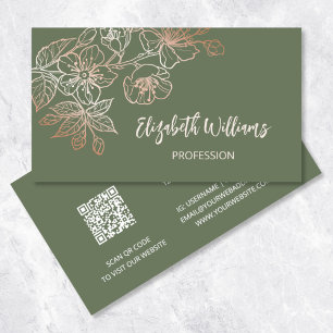 Rose Gold Sage Green Line Art Floral QR Code Business Card