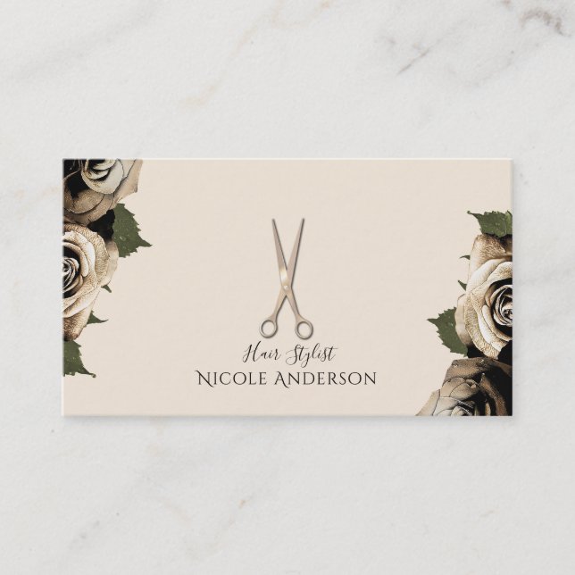 Rose Gold Salon Hair Stylist Scissors Glam Roses Business Card (Front)