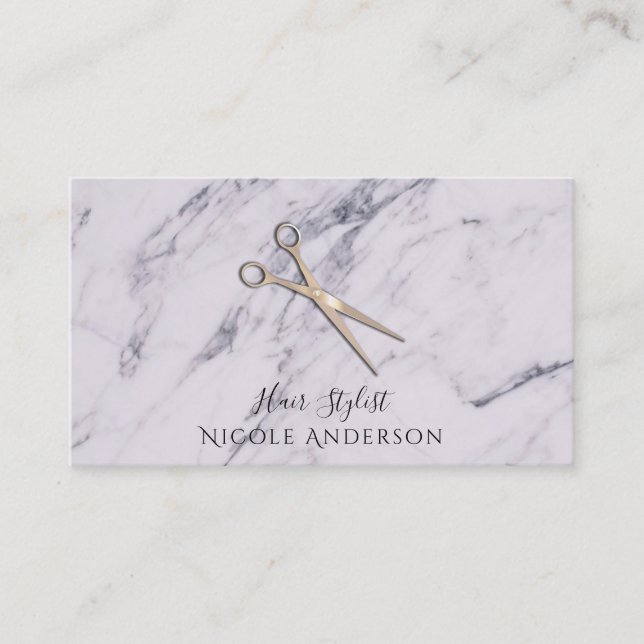Rose Gold Salon Hair Stylist Scissors Grey Marble Business Card (Front)