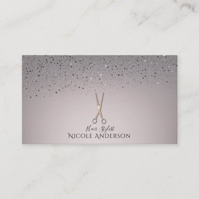 Rose Gold Salon Stylist Scissors Pink Grey Glitter Business Card (Front)