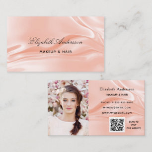 Rose gold satin silk photo elegant QR code Business Card