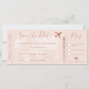 Rose gold Save the date world map boarding pass