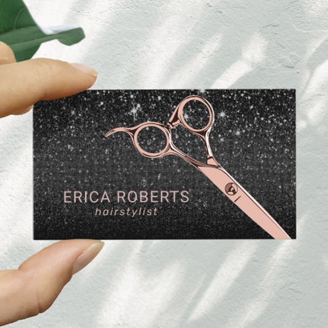 Rose Gold Scissor Hair Stylist Black Glitter Salon Business Card (Creator Uploaded)