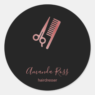 Rose gold scissors and comb black classic round sticker