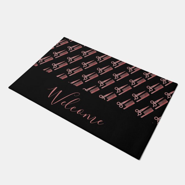 Rose gold scissors and comb black doormat (Angled)