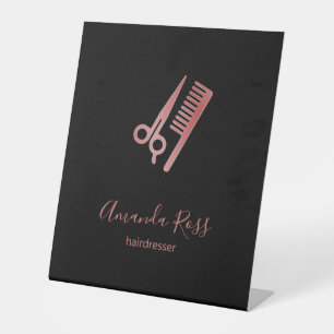 Rose gold scissors and comb black pedestal sign