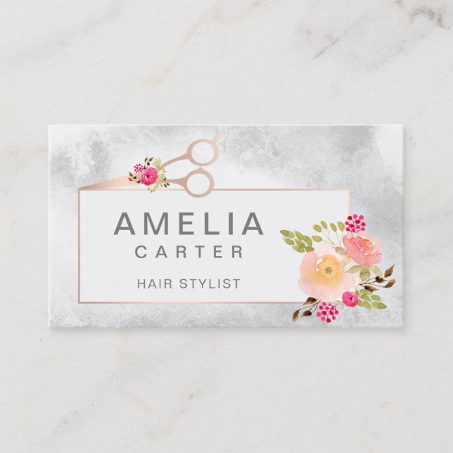rose Gold Scissors Floral Hair Stylist Salon Business Card (Front)