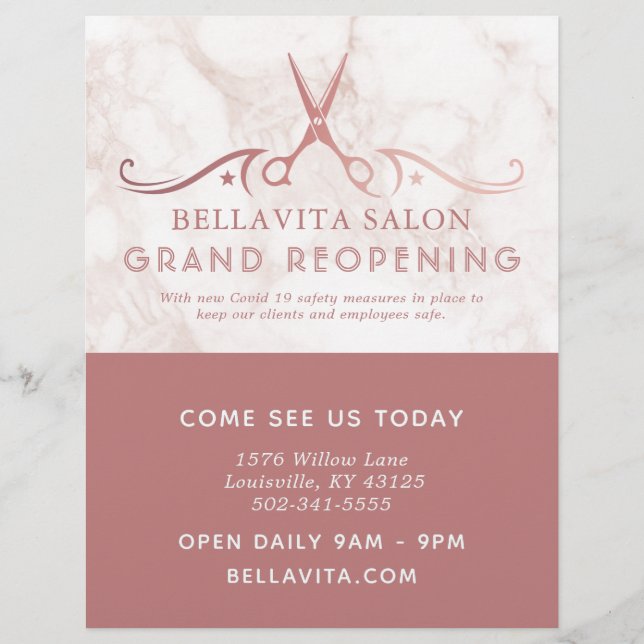 Rose Gold Scissors Marble Salon Covid Reopening Flyer (Front)
