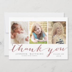 Rose Gold Script 3 Photo Graduation Thank You Card