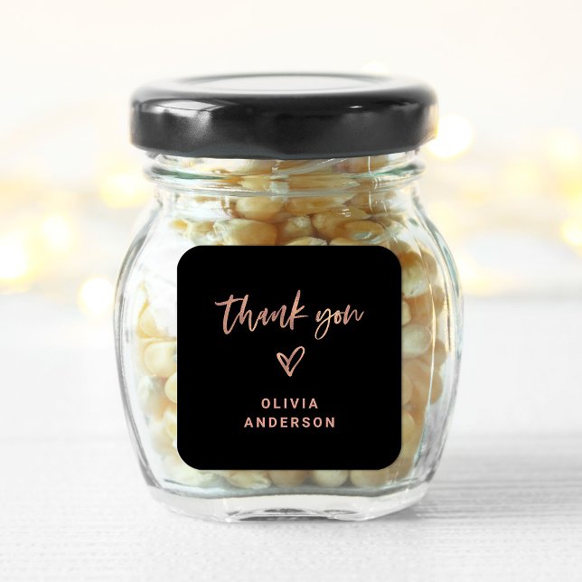 Rose Gold Script and Heart on Black | Thank You Square Sticker (Creator Uploaded)
