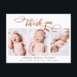 Rose Gold Script Baby Girl Photo Collage Thank You Postcard<br><div class="desc">Modern Elegant Calligraphy Rose Gold Script 3 Photo Collage Newborn Baby Girl Thank You Birth Announcement Postcard. Features a beautiful "thank you" text in a handwritten calligraphy swash tail font script in blush pink rose gold FAUX gold foil on white. Pre-made personal message and birth statistics with baby's name are...</div>