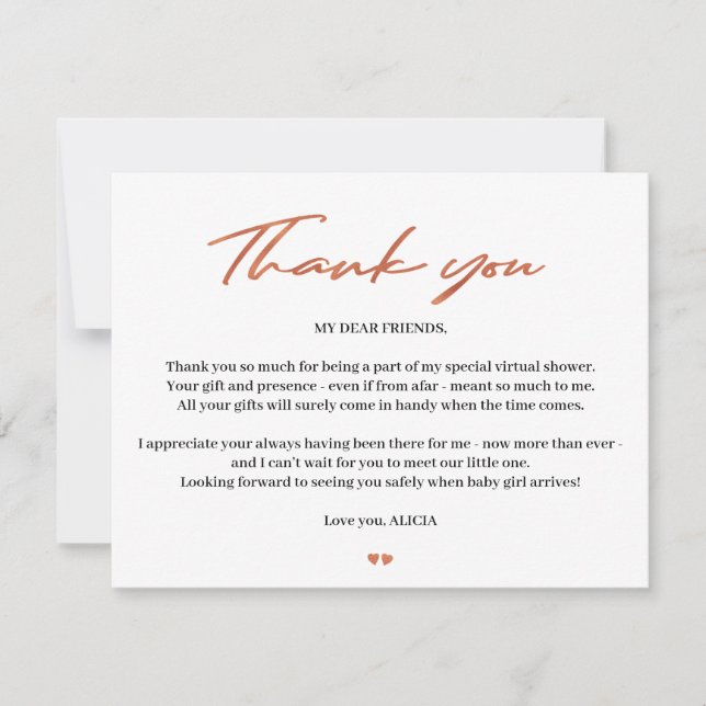 Rose gold script baby virtual shower thank you card (Front)