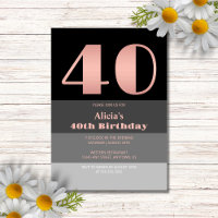 Rose Gold Script Black Grey Stripes 40th Birthday