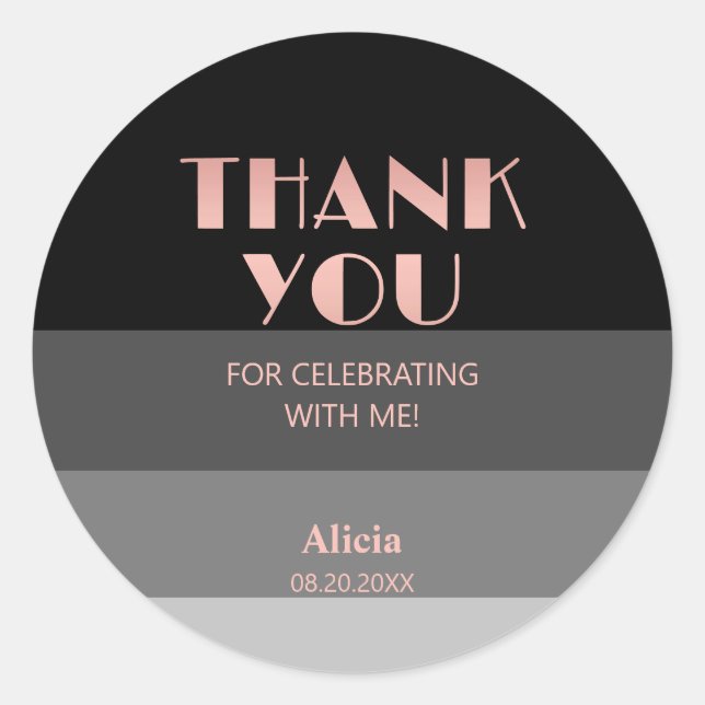 Rose Gold Script Black Grey Stripes Birthday Classic Round Sticker (Front)