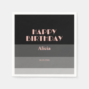 Rose Gold Script Black Grey Stripes Birthday Napkin