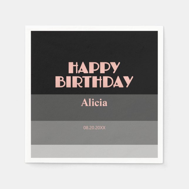 Rose Gold Script Black Grey Stripes Birthday Napkin (Front)