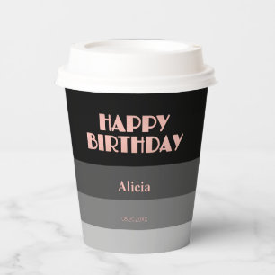 Rose Gold Script Black Grey Stripes Birthday Paper Cups