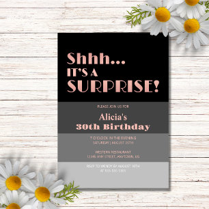 Rose Gold Script Black Stripes Surprise Birthday Invitation