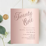 Rose gold script budget 21st birthday invitation<br><div class="desc">A modern,  stylish invitation for a 21st birthday party.  Rose gold gradient background and the word Twenty One written with elegant large script letters in dark rose gold. Personalise and add a name and party details. 

1 sheet = 1 invitation printed edge to edge.</div>