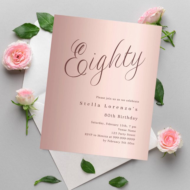 Rose gold script budget 80th birthday invitation (Creator Uploaded)