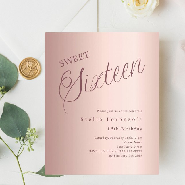 Rose gold script budget Sweet 16 invitation (Creator Uploaded)