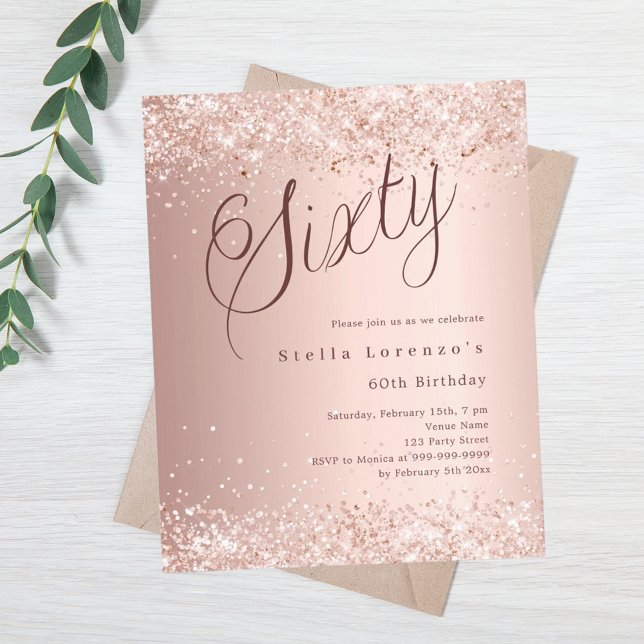 Rose gold script confetti luxury 60th birthday invitation (Creator Uploaded)