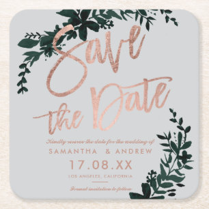 Rose gold script Floral green grey save the date Square Paper Coaster