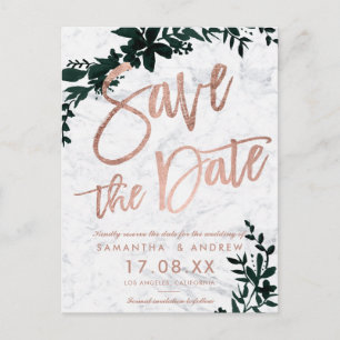 Rose gold script Floral green marble save the date Announcement Postcard