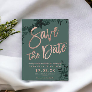 Rose gold script Floral green save the date Announcement Postcard