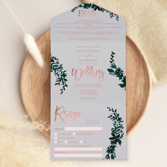 Rose gold script Floral grey elegant wedding All In One Invitation (Creator Uploaded)