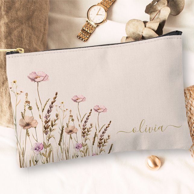 Rose Gold Script Floral Name Monogram Accessory Pouch (Creator Uploaded)
