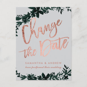 Rose gold script Floral postponed change the date Announcement Postcard