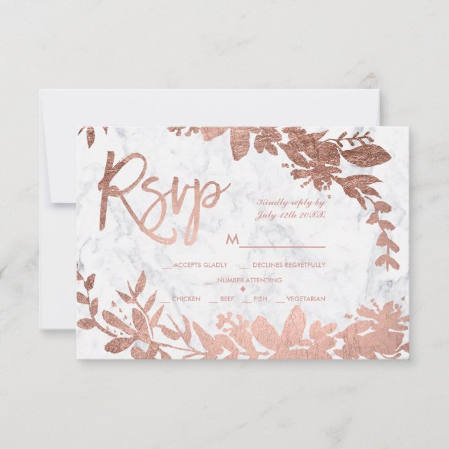 Rose Gold script floral white marble rsvp wedding Card (Front)