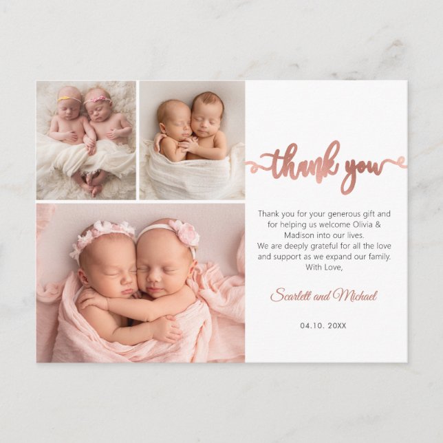  Rose Gold Script Girl Twins Baby Photo Thank You Postcard (Front)