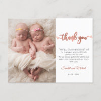Rose Gold Script Girl Twins Baby Photo Thank You 